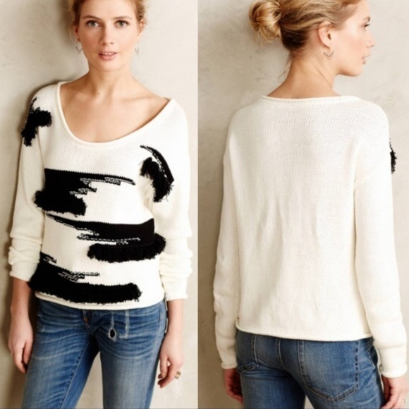 Anthropologie Tracy Reese Plenty Fringe Pullover Sweater Black White Ivory Small - Picture 2 of 9